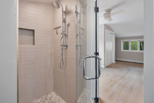 Bathroom, Glass Shower, Interior, Wood Texture Flooring