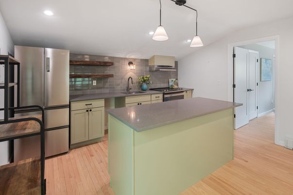 Interior, Kitchen, Pendant Lights, Recessed Lighting, Stainless Steel Appliances, Wood Texture Flooring