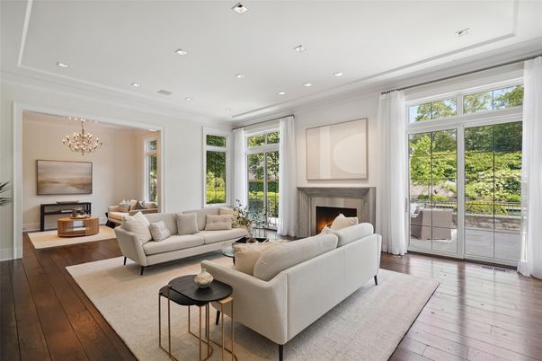 Chandelier, Fireplace, Interior, Living room, Recessed Lighting, Wood Texture Flooring
