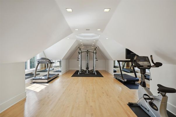 Fitness Equipment, Gym, Interior, Recessed Lighting, Wood Texture Flooring