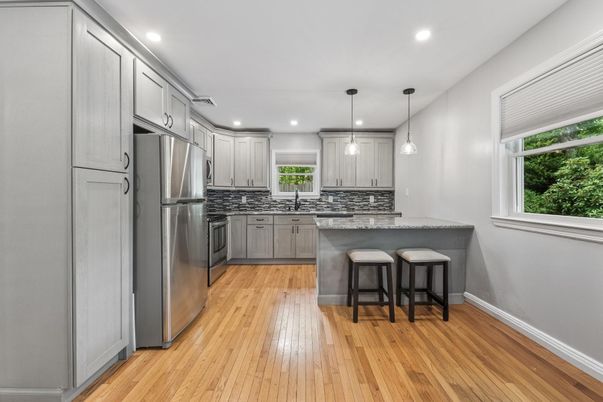 Interior, Kitchen, Pendant Lights, Recessed Lighting, Stainless Steel Appliances, Wood Texture Flooring
