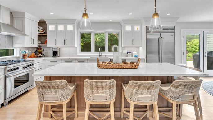 Interior, Kitchen, Pendant Lights, Recessed Lighting, Stainless Steel Appliances, Wood Texture Flooring