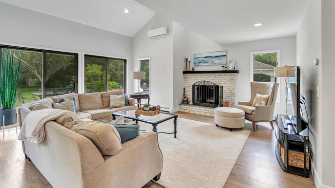 Fireplace, Interior, Living room, Recessed Lighting, Wood Texture Flooring