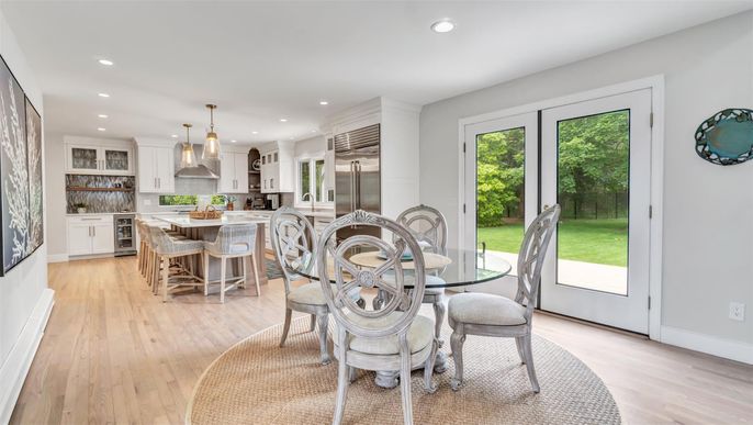 Dining room, Interior, Kitchen, Pendant Lights, Recessed Lighting, Stainless Steel Appliances, Wood Texture Flooring