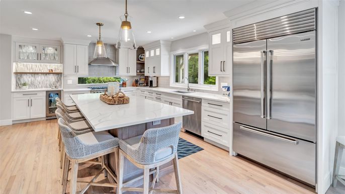 Interior, Kitchen, Pendant Lights, Recessed Lighting, Stainless Steel Appliances, Wood Texture Flooring