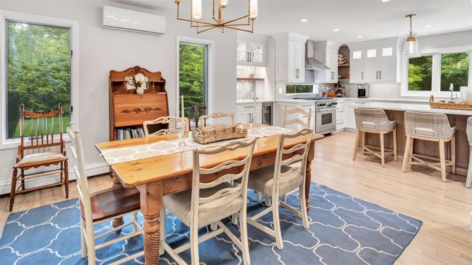 Dining room, Interior, Kitchen, Pendant Lights, Recessed Lighting, Stainless Steel Appliances, Wood Texture Flooring