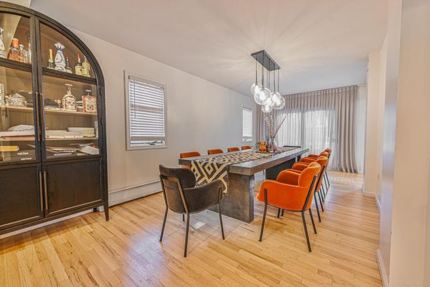 Dining room, Interior, Pendant Lights, Wood Texture Flooring