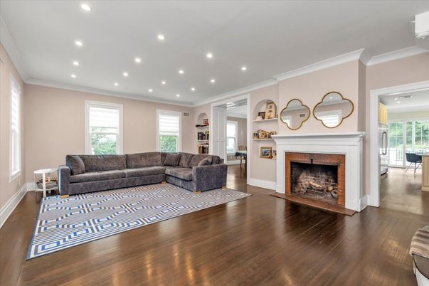 Fireplace, Interior, Living room, Recessed Lighting, Wood Texture Flooring