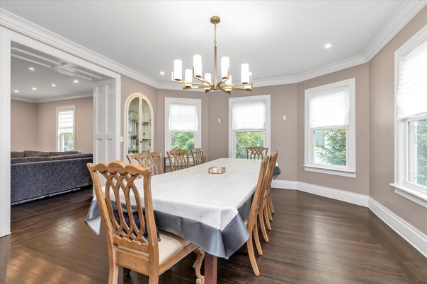 Dining room, Interior, Pendant Lights, Recessed Lighting, Wood Texture Flooring