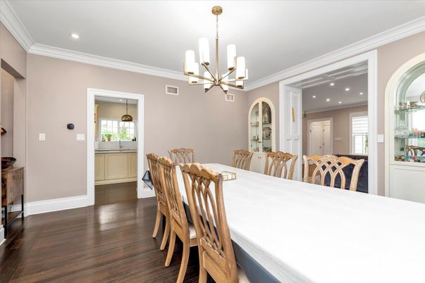 Dining room, Interior, Pendant Lights, Recessed Lighting, Wood Texture Flooring
