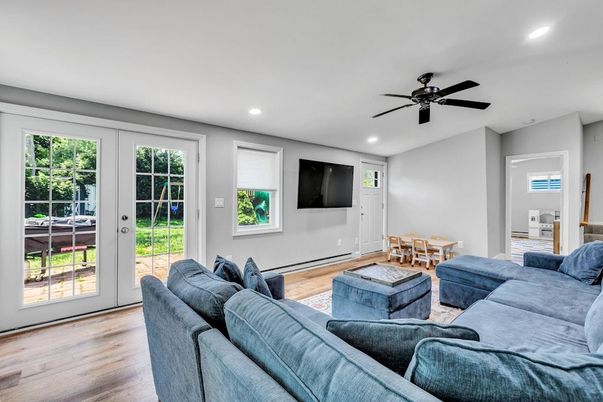 Dining room, Interior, Living room, Recessed Lighting, Wood Texture Flooring