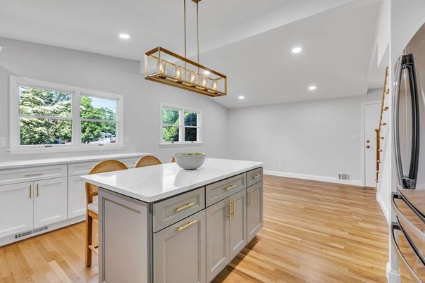 Interior, Kitchen, Pendant Lights, Recessed Lighting, Wood Texture Flooring