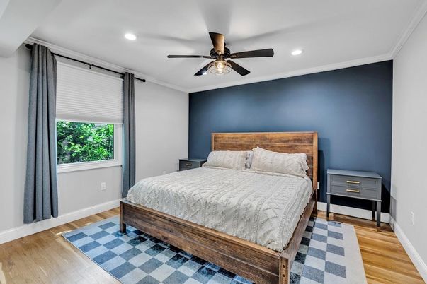 Bedroom, Interior, Recessed Lighting, Wood Texture Flooring