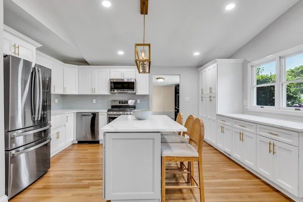 Interior, Kitchen, Pendant Lights, Recessed Lighting, Stainless Steel Appliances, Wood Texture Flooring
