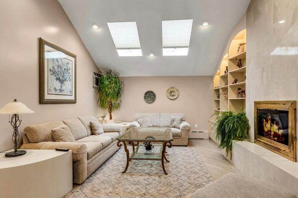 Fireplace, Interior, Living room, Recessed Lighting, Wood Texture Flooring