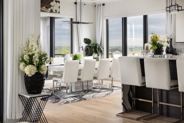 Dining room, Interior, Pendant Lights, Water, Wood Texture Flooring