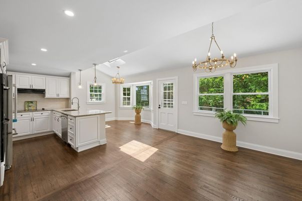 Chandelier, Interior, Kitchen, Pendant Lights, Recessed Lighting, Wood Texture Flooring