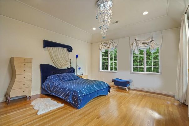 Bedroom, Interior, Pendant Lights, Recessed Lighting, Wood Texture Flooring