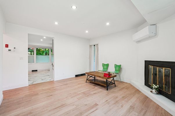 Fireplace, Interior, Marble, Recessed Lighting, Wood Texture Flooring