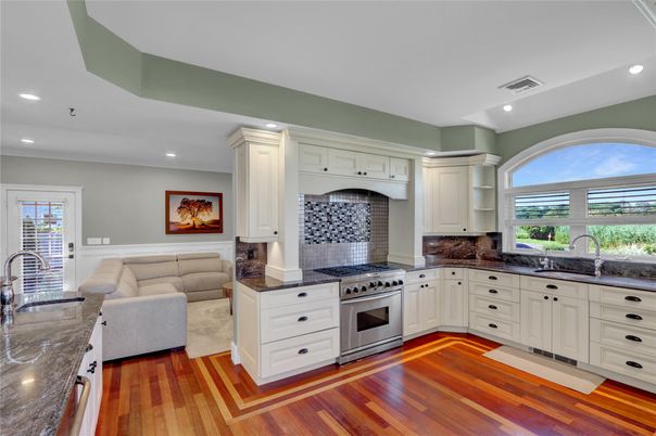 Interior, Kitchen, Living room, Recessed Lighting, Stainless Steel Appliances, Wood Texture Flooring
