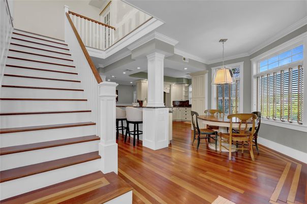 Dining room, Interior, Pendant Lights, Recessed Lighting, Wood Texture Flooring