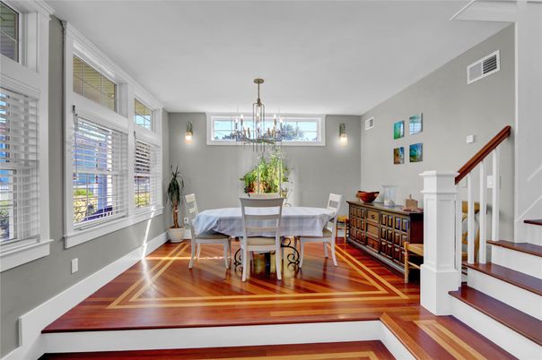 Chandelier, Dining room, Interior, Wood Texture Flooring