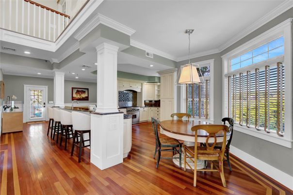 Dining room, Interior, Kitchen, Pendant Lights, Recessed Lighting, Wood Texture Flooring