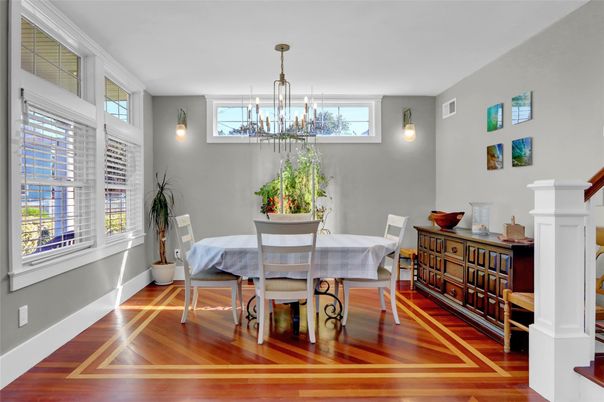 Chandelier, Dining room, Interior, Pendant Lights, Wood Texture Flooring