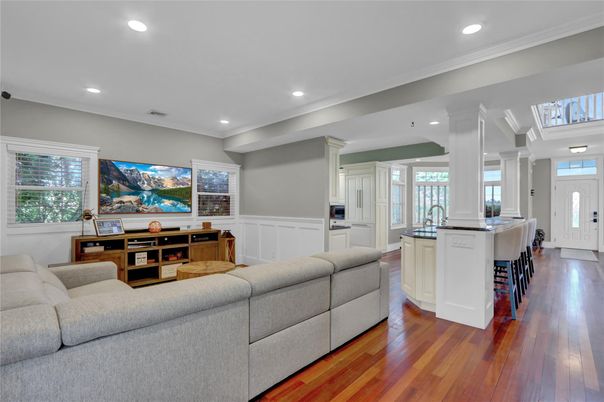 Interior, Kitchen, Living room, Recessed Lighting, Wood Texture Flooring