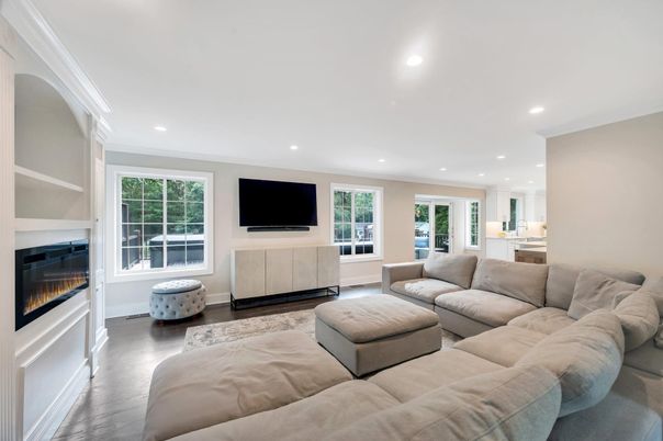 Fireplace, Interior, Living room, Recessed Lighting, Wood Texture Flooring