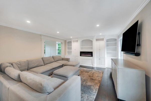 Fireplace, Interior, Living room, Recessed Lighting, Wood Texture Flooring