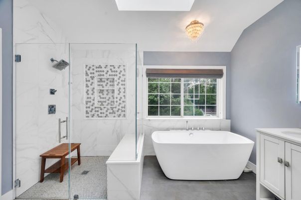 Bathroom, Free Standing Baths, Glass Shower, Interior, Marble Walls