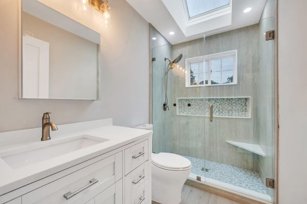 Bathroom, Glass Ceilings, Glass Shower, Interior, Recessed Lighting, Wood Texture Flooring