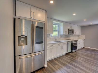 Interior, Kitchen, Recessed Lighting, Stainless Steel Appliances, Wood Texture Flooring