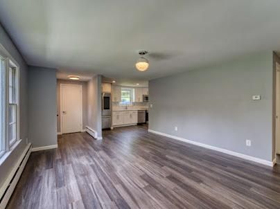 Empty room, Interior, Kitchen, Stainless Steel Appliances, Wood Texture Flooring