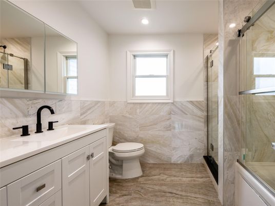 Bathroom, Glass Shower, Interior, Marble Walls, Recessed Lighting, Wood Texture Flooring