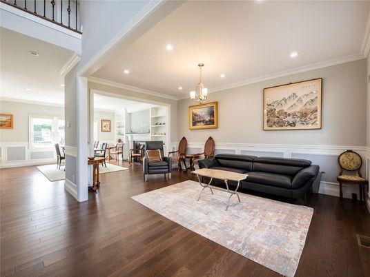 Dining room, Interior, Living room, Pendant Lights, Recessed Lighting, Wood Texture Flooring