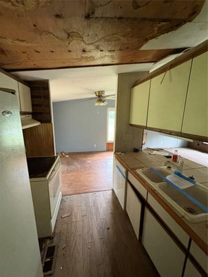 Interior, Kitchen, Tile Countertops, Wood Texture Flooring