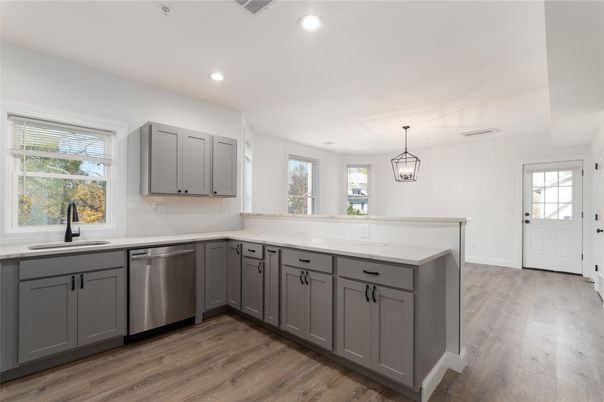 Interior, Kitchen, Pendant Lights, Recessed Lighting, Wood Texture Flooring