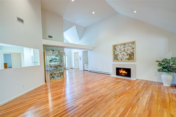 Empty room, Fireplace, Interior, Recessed Lighting, Wood Texture Flooring