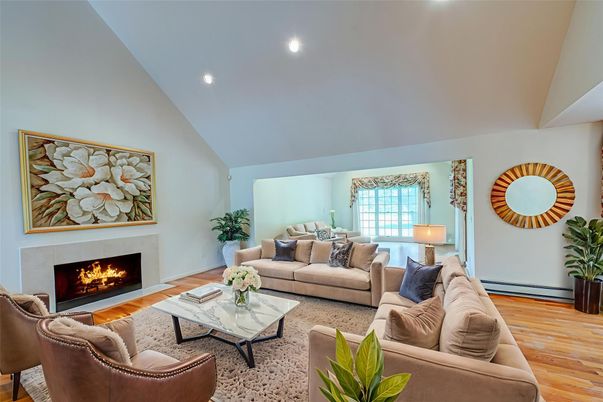Fireplace, Interior, Living room, Recessed Lighting, Wood Texture Flooring