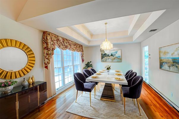 Dining room, Interior, Pendant Lights, Wood Texture Flooring