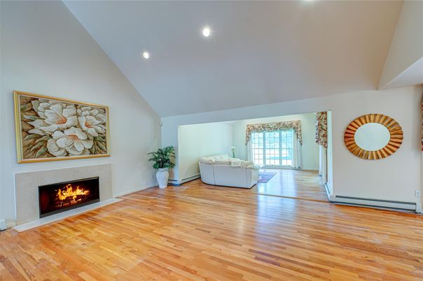 Fireplace, Interior, Recessed Lighting, Wood Texture Flooring