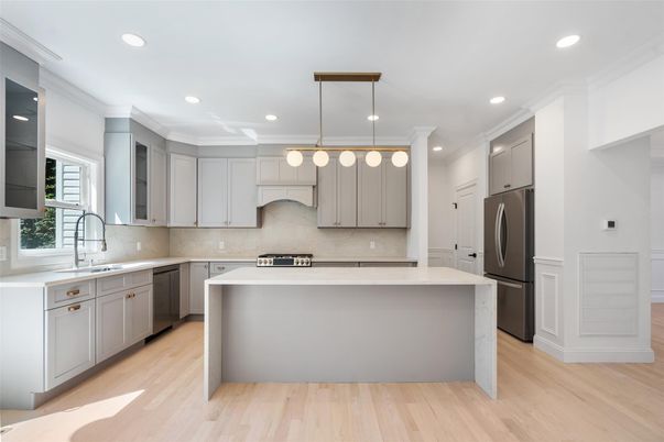Interior, Kitchen, Pendant Lights, Recessed Lighting, Stainless Steel Appliances, Wood Texture Flooring