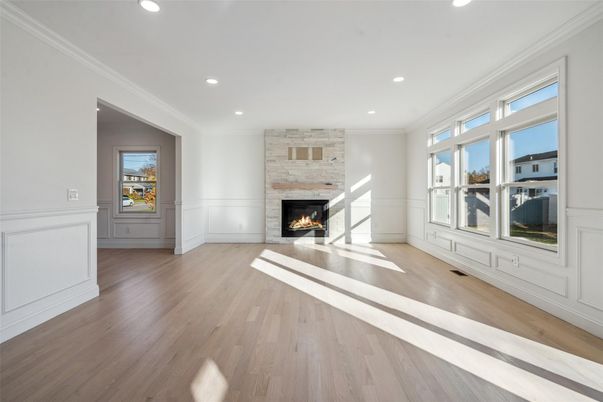 Empty room, Fireplace, Interior, Recessed Lighting, Wood Texture Flooring