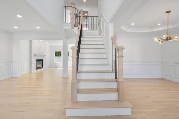 Fireplace, Interior, Pendant Lights, Recessed Lighting, Wood Texture Flooring