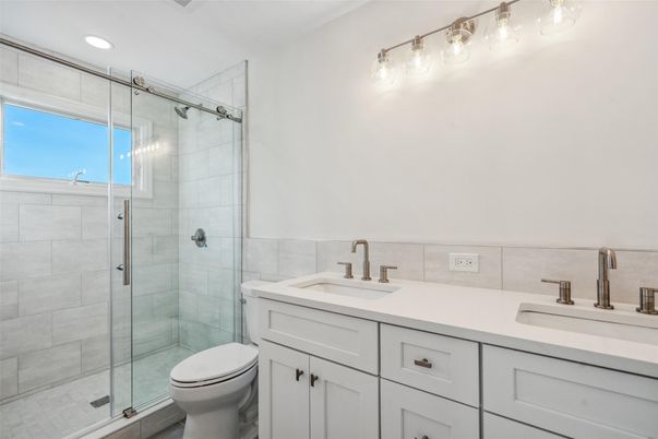 Bathroom, Dual Sink Vanities, Glass Shower, Interior, Recessed Lighting