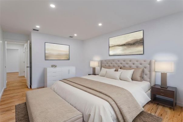 Bedroom, Interior, Recessed Lighting, Wood Texture Flooring