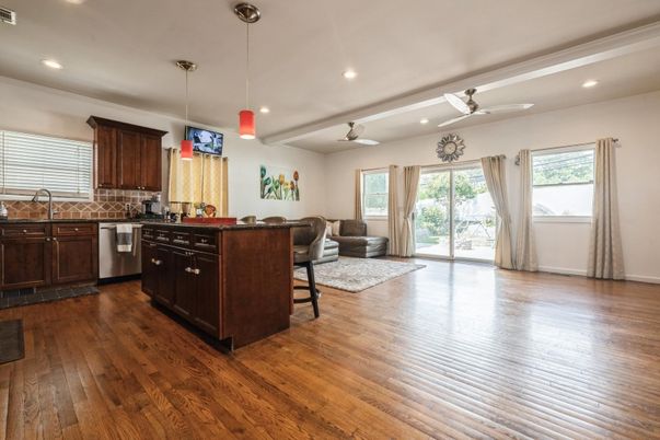 Interior, Kitchen, Living room, Pendant Lights, Recessed Lighting, Stainless Steel Appliances, Wood Texture Flooring