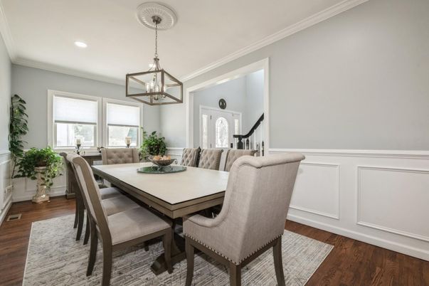 Dining room, Interior, Pendant Lights, Recessed Lighting, Wood Texture Flooring